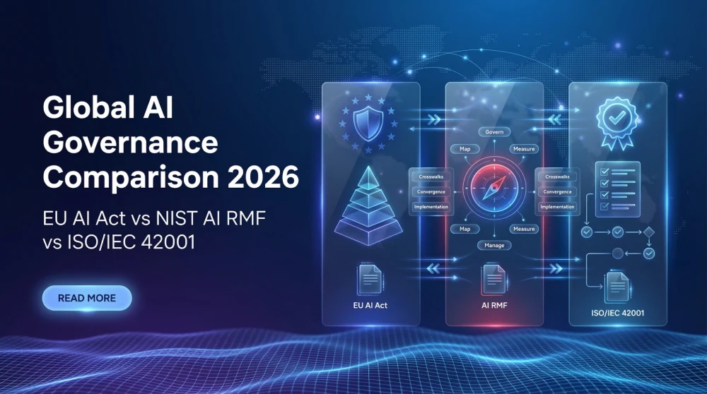 ai governance comparison showing eu ai act nist ai rmf iso 42001 frameworks
